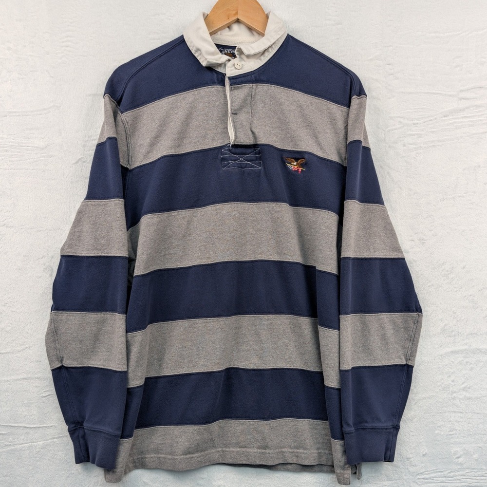 VTG Rugby Shirt Men's XL Navy Blue Gray Striped Preppy Old Money Skater Y2K